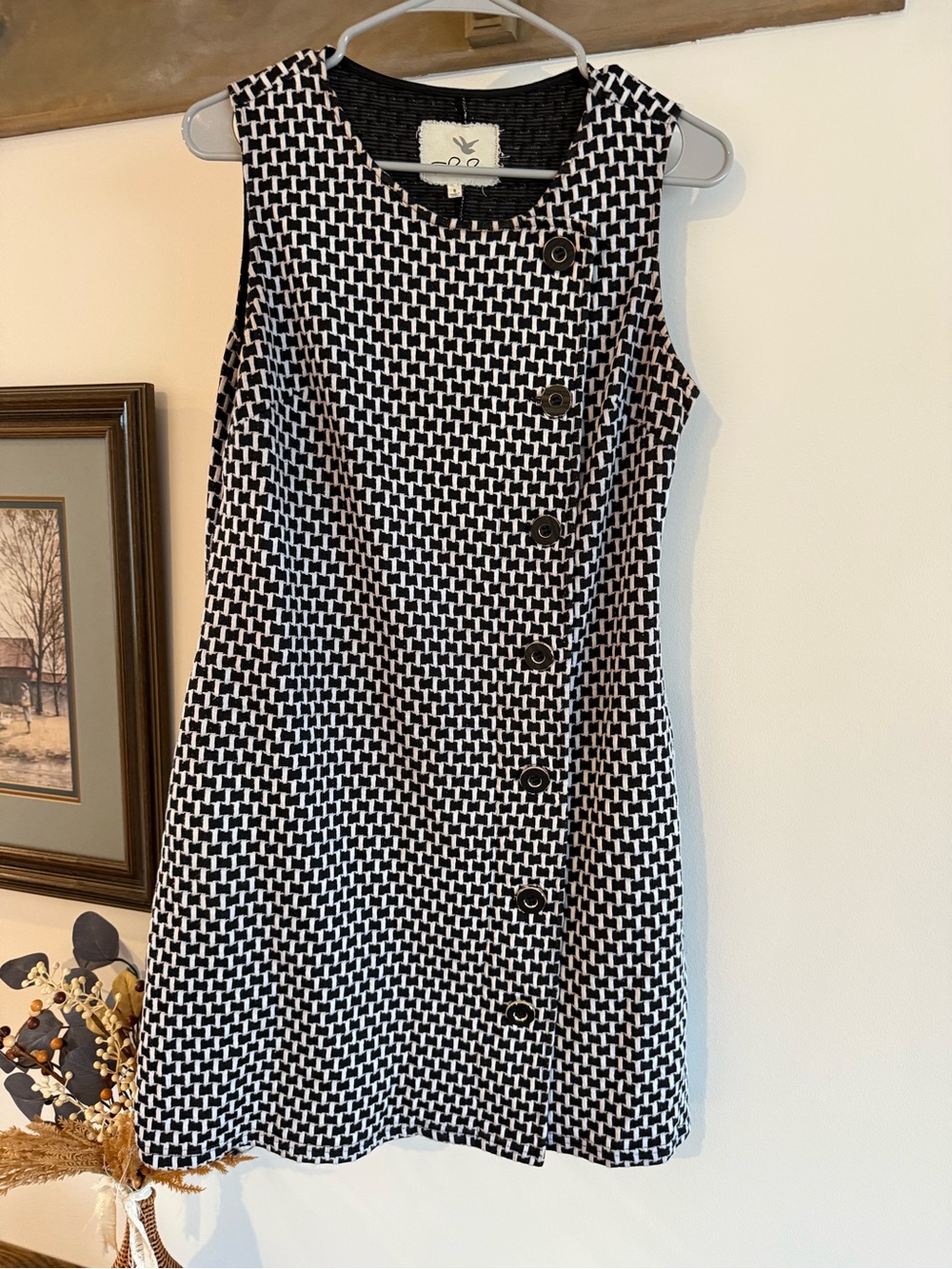 Tabitha Black and White Sleeveless Mini Shift Dress with Button Placket